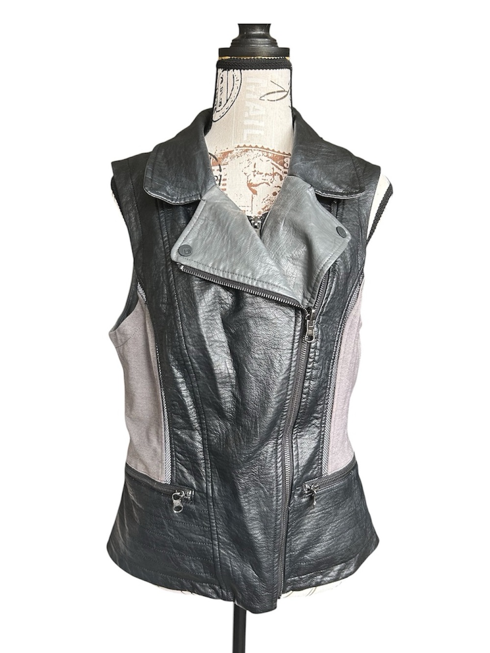 Blanc Noir Faux Leather with mixed textiles zip up vest size medium